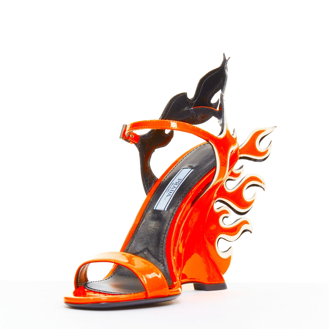 rare PRADA 2018 Flame Wedge neon orange patent Fire heel sandal EU37.5