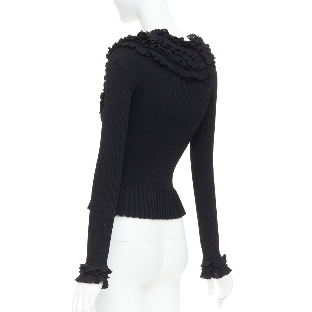LOUIS VUITTON black ruffle collar cuffs ribbed long sleeves cardigan XS