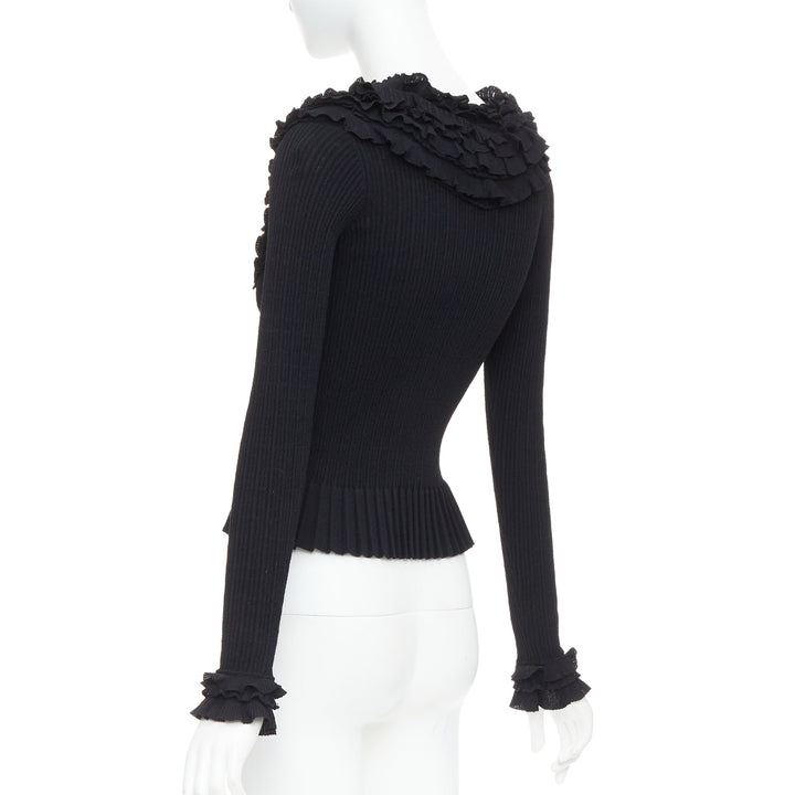LOUIS VUITTON black ruffle collar cuffs ribbed long sleeves cardigan XS
