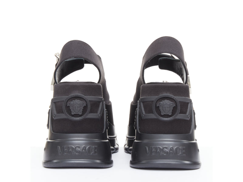 new VERSACE Anthem 120 Black satin silver Medusa buckle platform sandals EU38