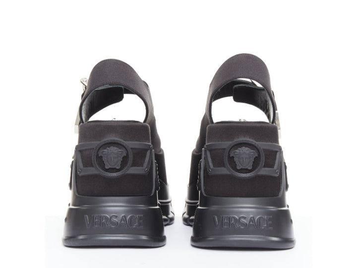 new VERSACE Anthem 120 Black satin silver Medusa buckle platform sandals EU38