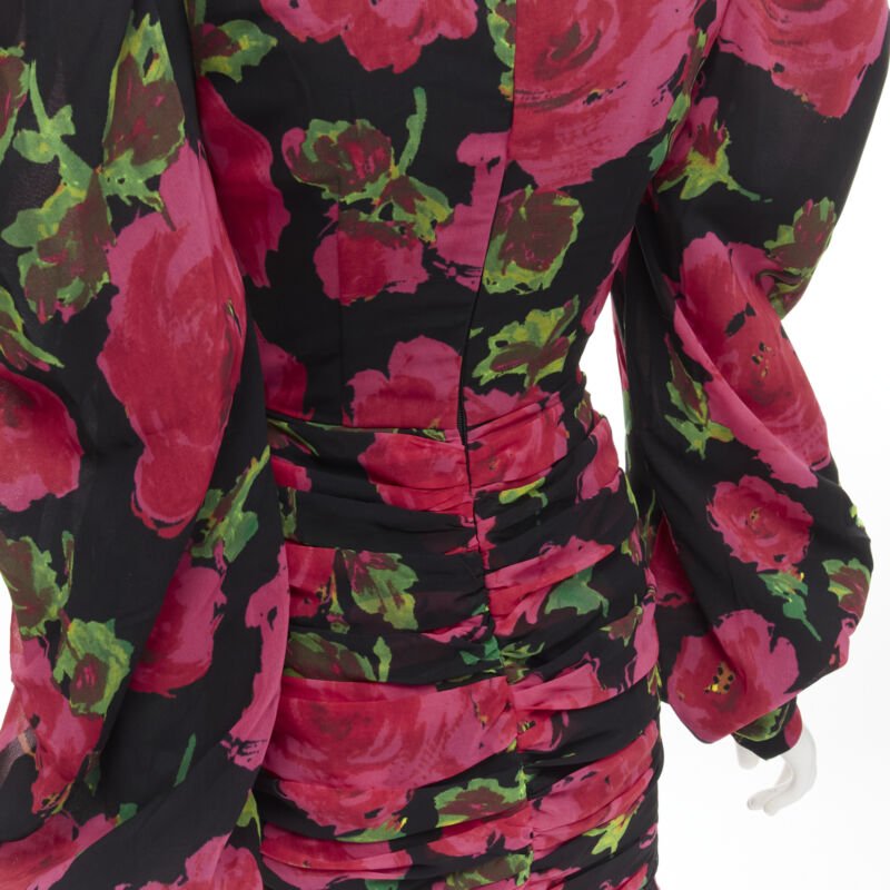 RICHARD QUINN 2020 black red rose print wrap skirt puff sleeve 80's dress UK8 XS