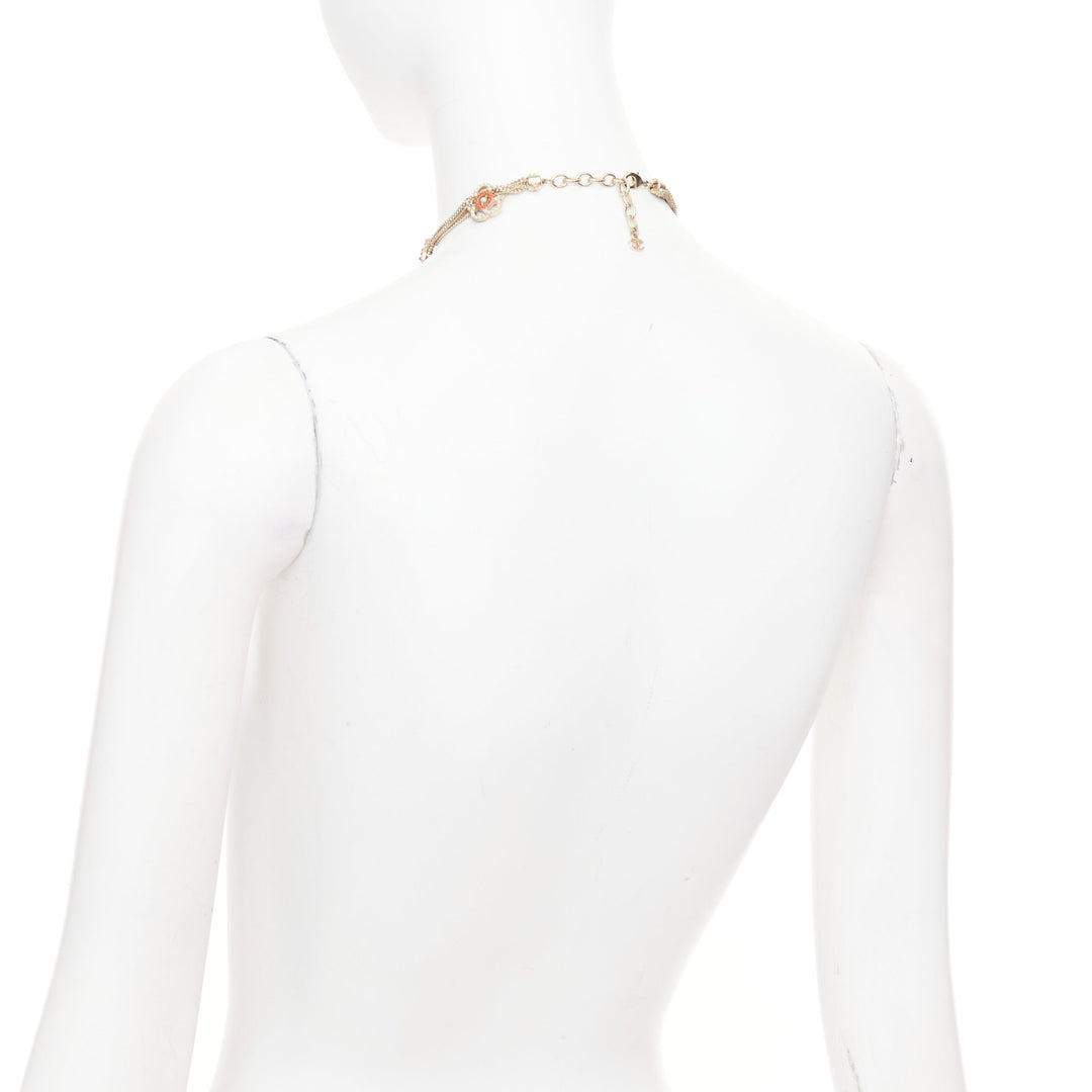 CHANEL A16P gold tone Camellia floral pearl fringe CC station sautoir necklac