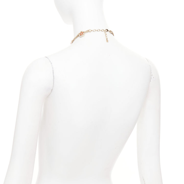 CHANEL A16P gold tone Camellia floral pearl fringe CC station sautoir necklac