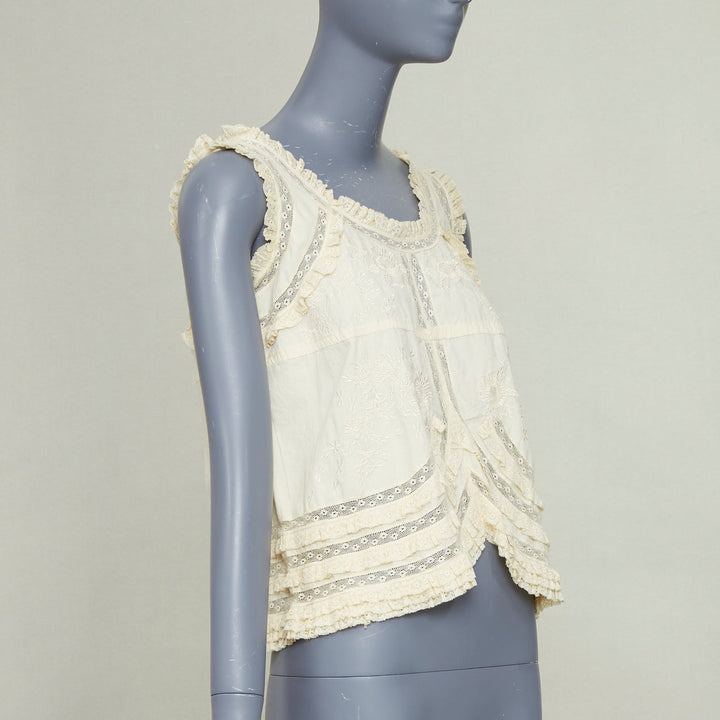 ANNA SUI Vintage cream embroidered floral eyelet lace ruffle peasant top US2 S