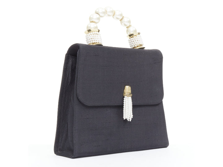 MOSCHINO 1990s Vintage black raw silk pearl gold handle tassel top handle bag