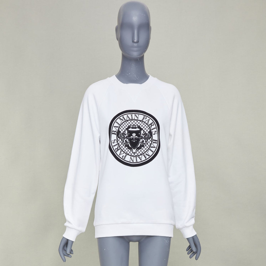 BALMAIN white cotton black flocked coin medallion logo raglan sweatshirt XXS