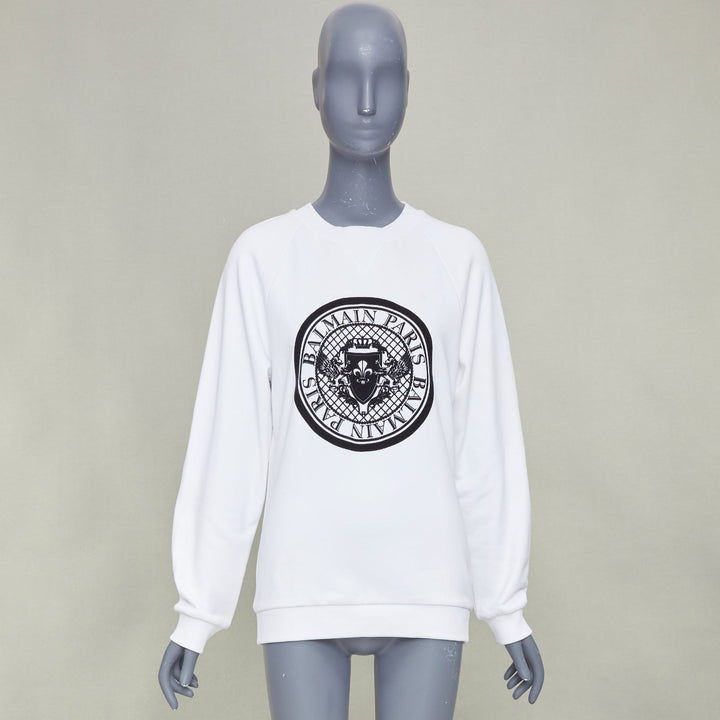 BALMAIN white cotton black flocked coin medallion logo raglan sweatshirt XXS