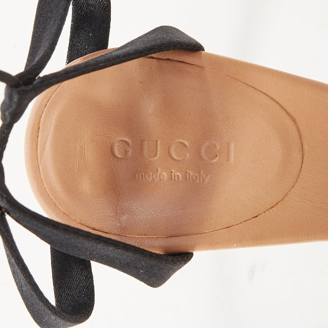 GUCCI 2004 Runway Tom Ford black satin lace up metallic bamboo sandals EU36C