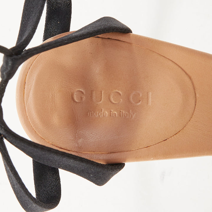 GUCCI 2004 Runway Tom Ford black satin lace up metallic bamboo sandals EU36C