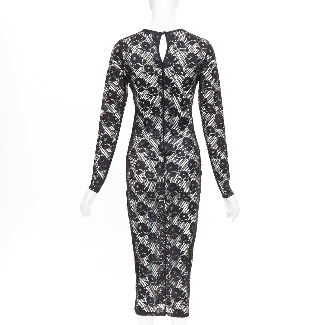 FLEUR DU MAL black lattice floral lace mesh crew neck long sleeve midi dress S