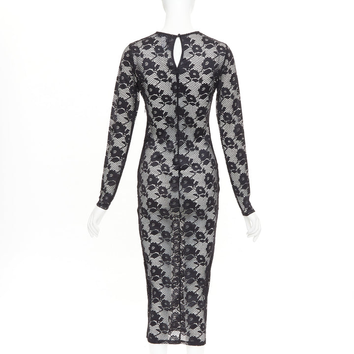 FLEUR DU MAL black lattice floral lace mesh crew neck long sleeve midi dress S