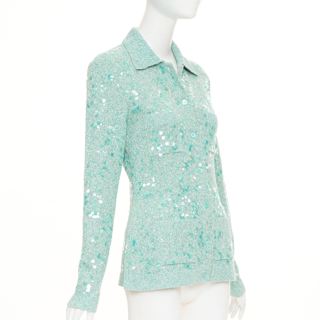 GUCCI 2024 Tweed Blend Polo acid turquoise sequin knit cardigan S