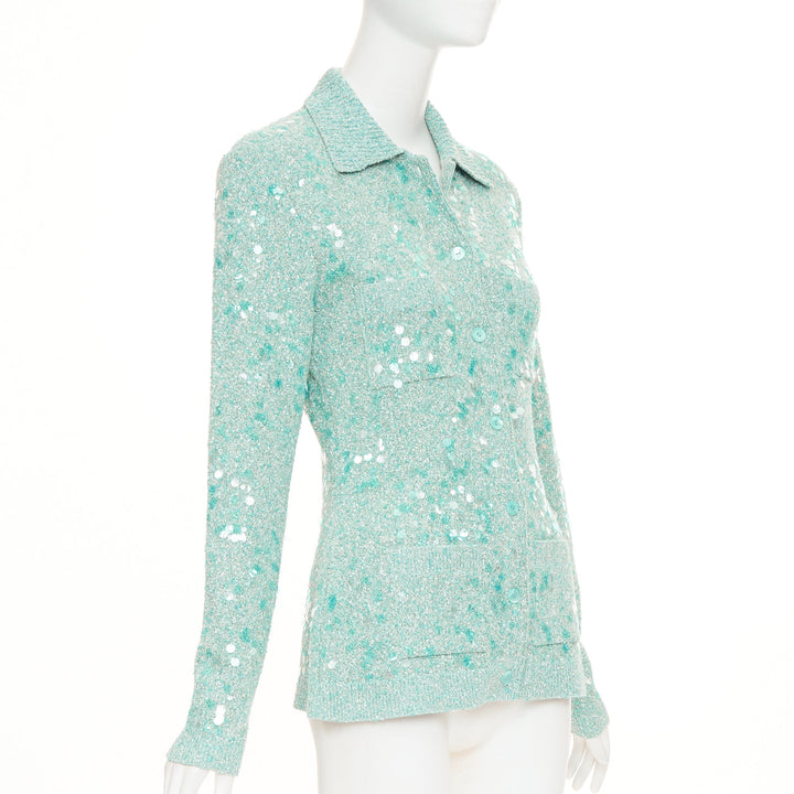 GUCCI 2024 Tweed Blend Polo acid turquoise sequin knit cardigan S
