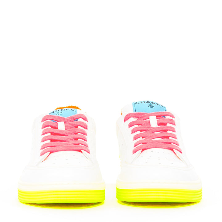CHANEL 2020 white calfskin neon multicolor low top trainer court sneakers EU38.5
