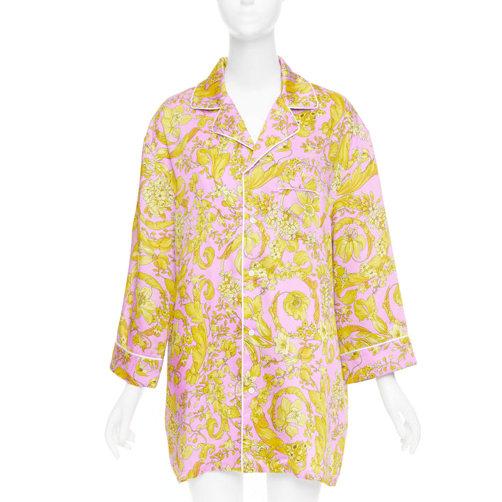 VERSACE 100% silk Signature Barocco Baroque pink gold print pajama shirt Sz.4 XL