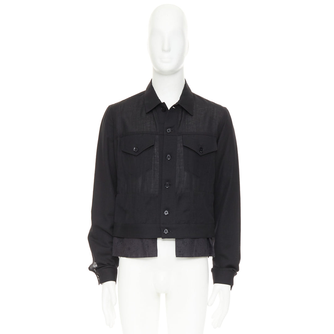 YOHJI YAMAMOTO Pour Homme black wool linen layered cropped trucker jacket JP4 XL