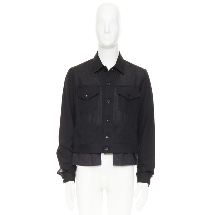 YOHJI YAMAMOTO Pour Homme black wool linen layered cropped trucker jacket JP4 XL