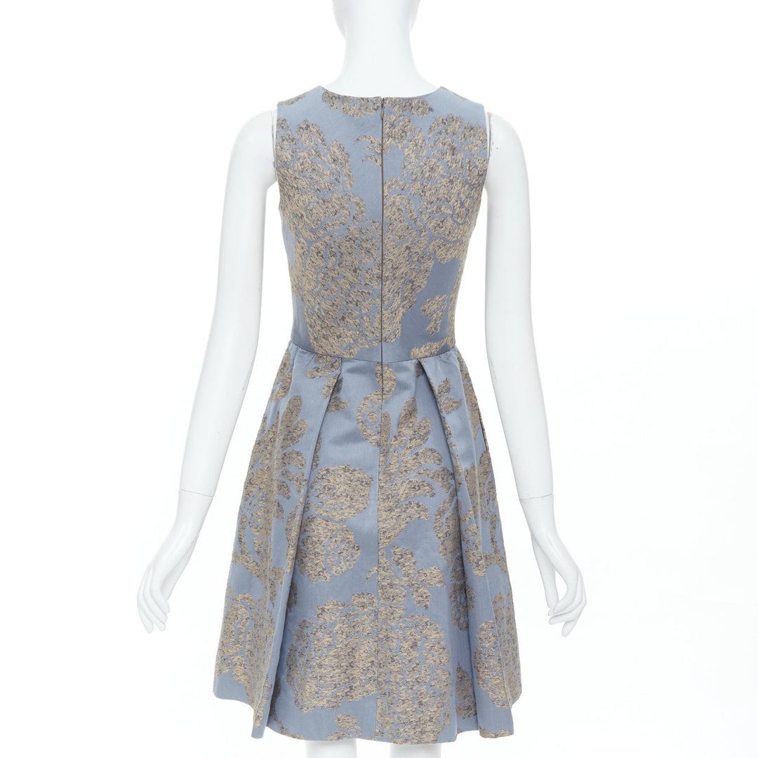 OSCAR DE LA RENTA F07 grey gold floral cotton flax jacquard dress US2 S