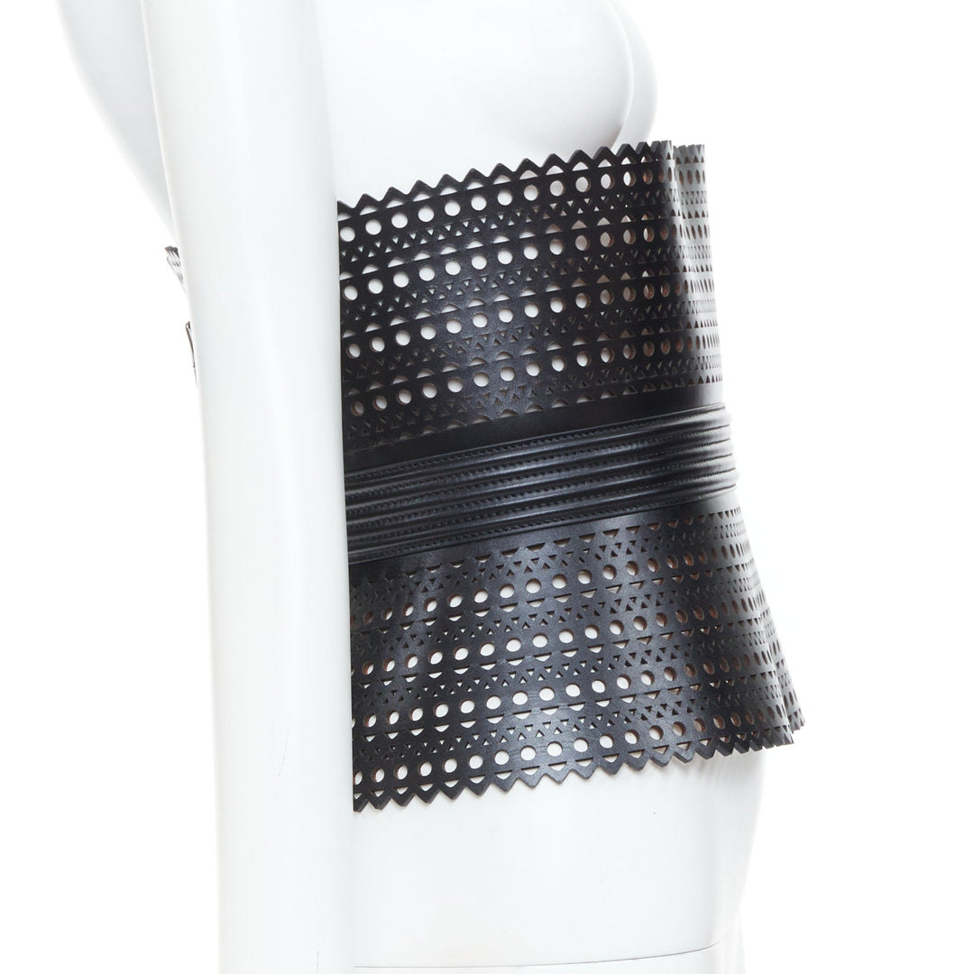 ALAIA Black Vienne openwork laser cut triple buckle leather corset belt 65cm