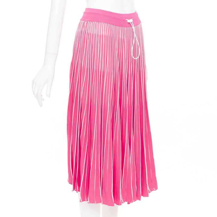 VALENTINO pink white viscose striped plisse toggle waist knit midi skirt S