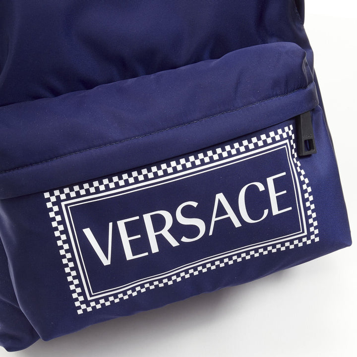 VERSACE 90's Box Logo navy blue nylon Greca strap backpack