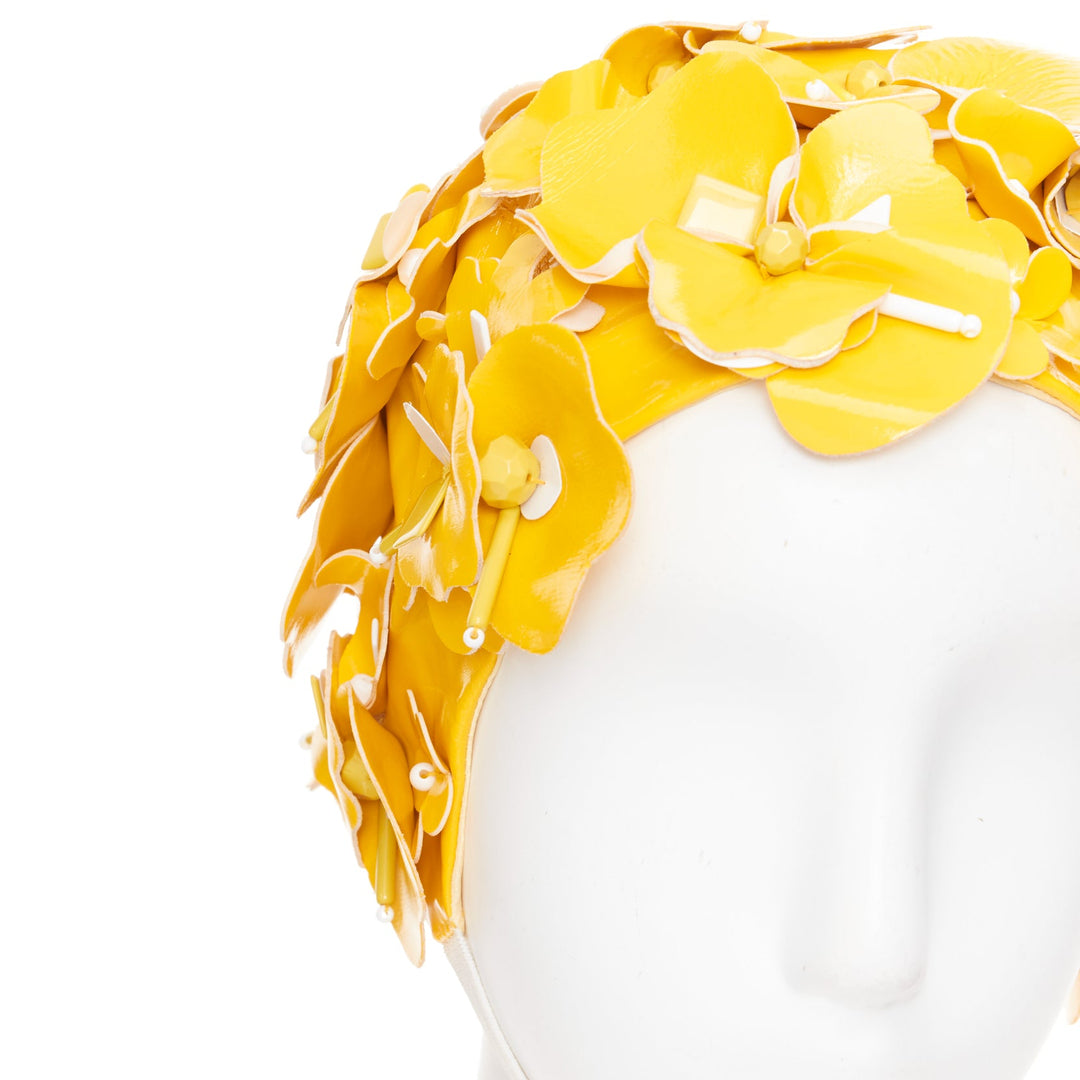MIU MIU 2017 Runway yellow patent leather petals beaded retro swim cap hat S