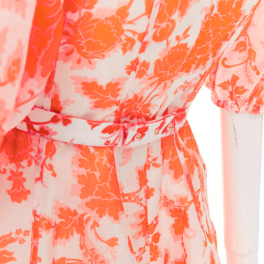 ZIMMERMANN Postcard orange floral linen silk puff sleeve flare mini dress Sz0 XS