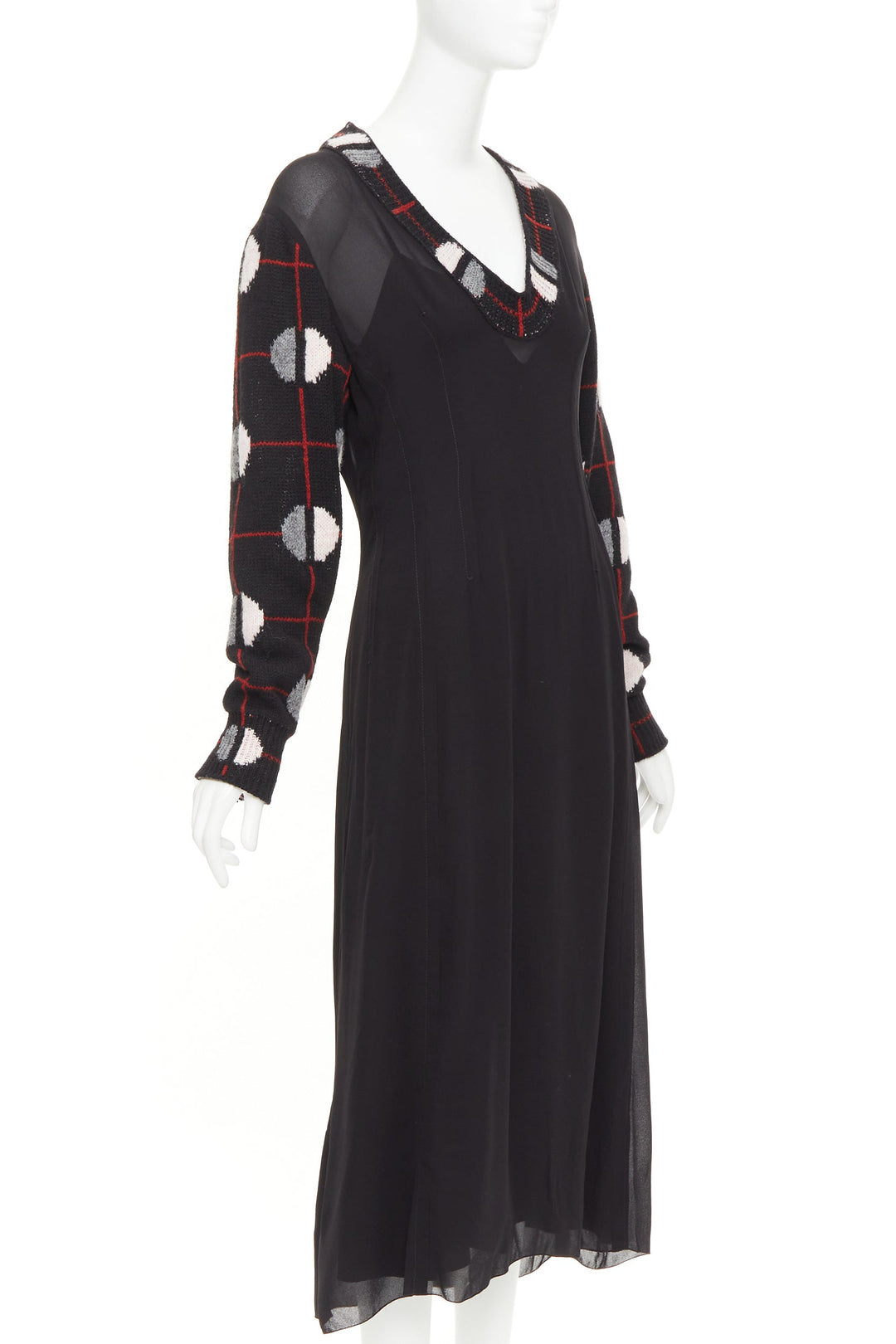 PRADA 2021 Runway black sable checkered wool sleeves V-neck midi dress IT38 XS