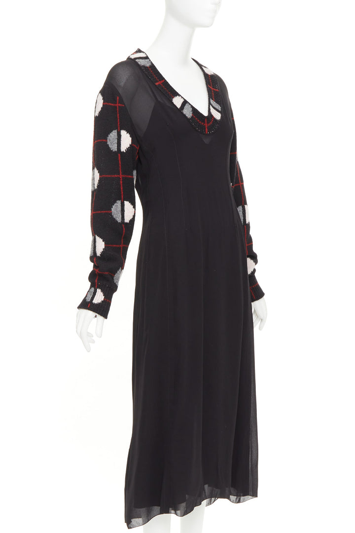 PRADA 2021 Runway black sable checkered wool sleeves V-neck midi dress IT38 XS