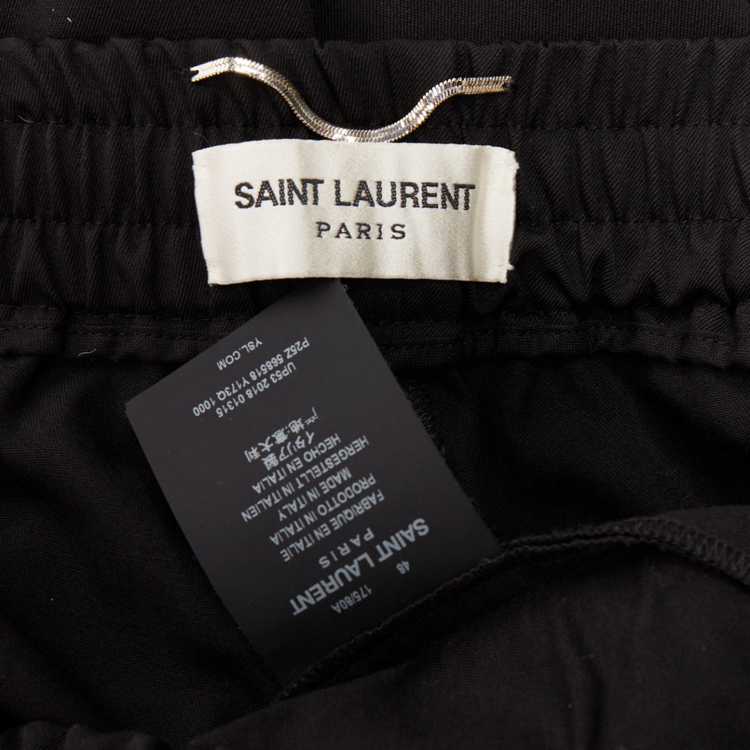 SAINT LAURENT 2018 black virgin wool beaded trim drawstring jogger pants FR48 M