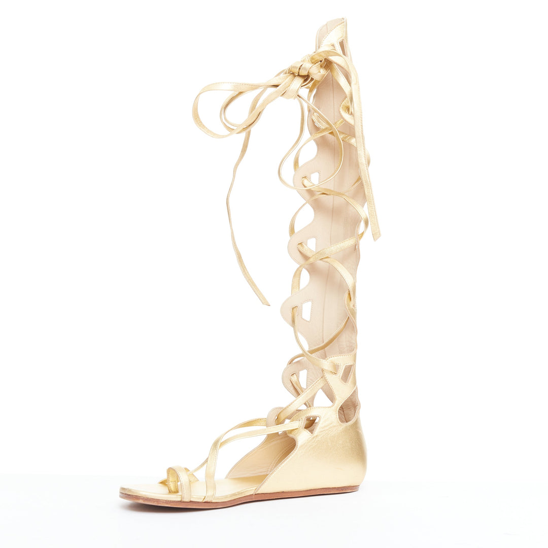 CHANEL 2011 gold leather criss cross calf toe ring gladiator flat sandals