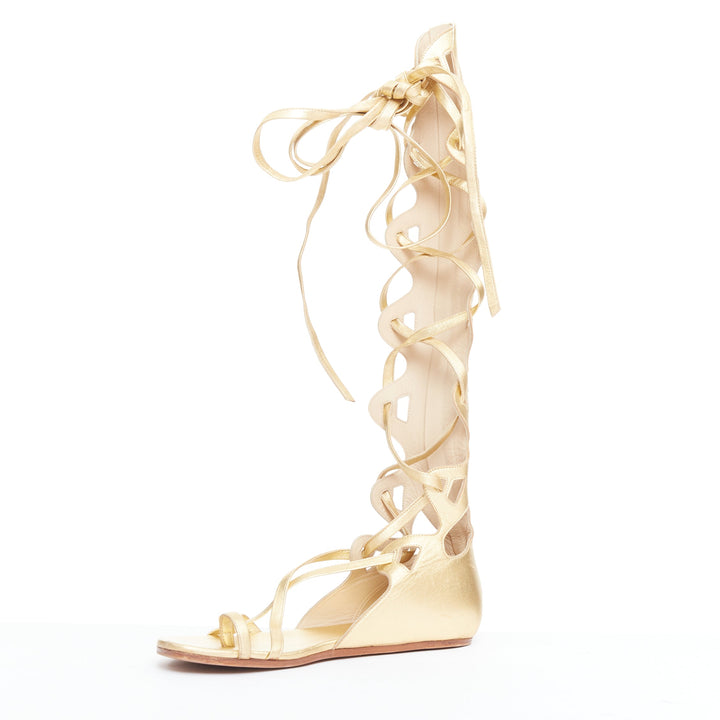 CHANEL 2011 gold leather criss cross calf toe ring gladiator flat sandals