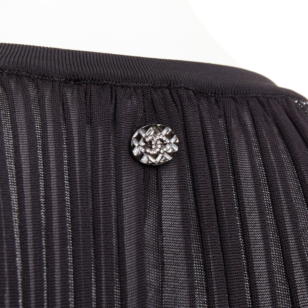 CHANEL black silver glitter CC resin button plisse sheer wave midi dress FR38 M