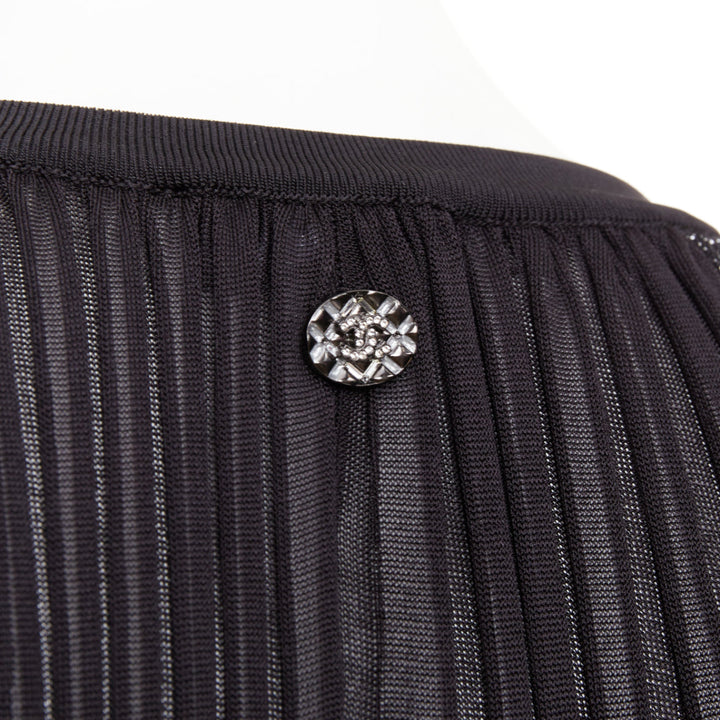 CHANEL black silver glitter CC resin button plisse sheer wave midi dress FR38 M