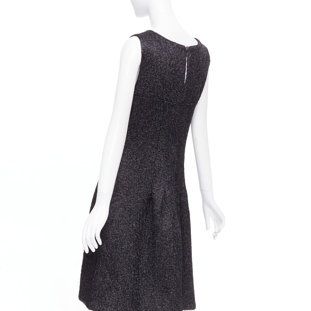 CHANEL 2016 Runway gunmetal glitter black pleated tweed sleeveless dress FR42 L