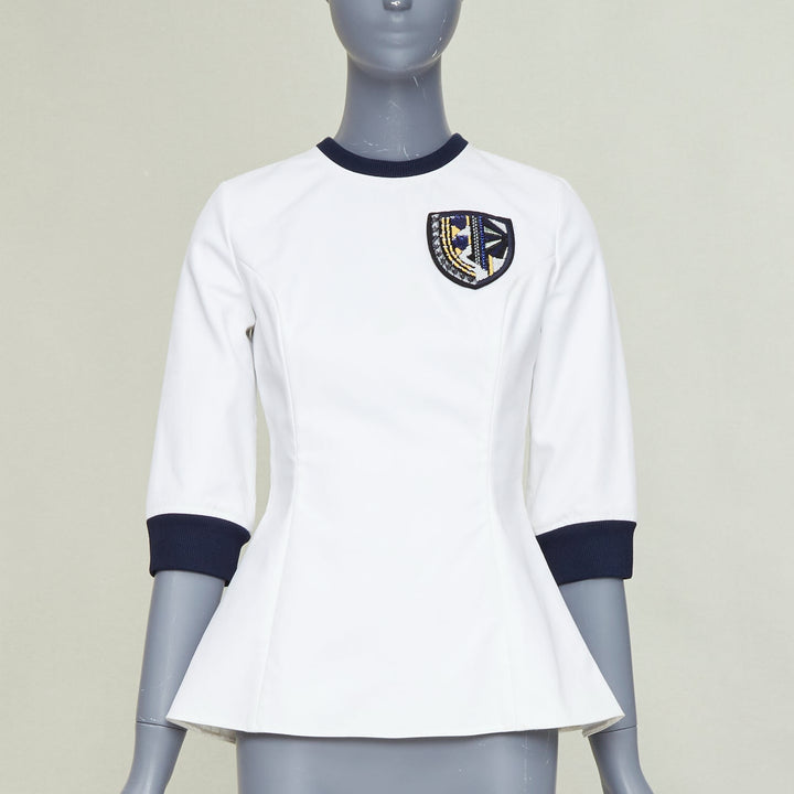 DIOR 2014 off-white navy sequin badge cotton peplum top FR36 S