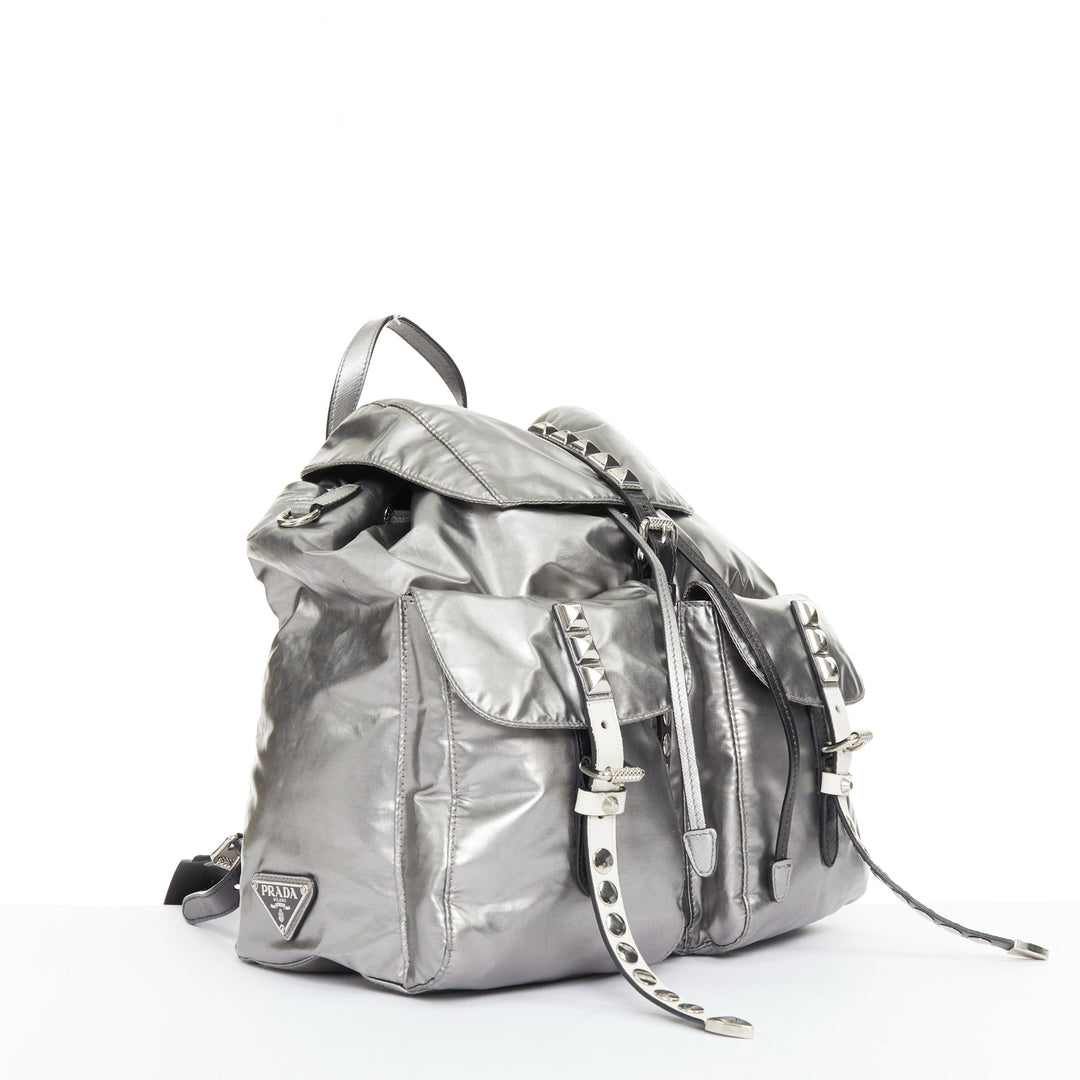 PRADA 2018 Runway New Vela metallic punk studded leather strap nylon backpack