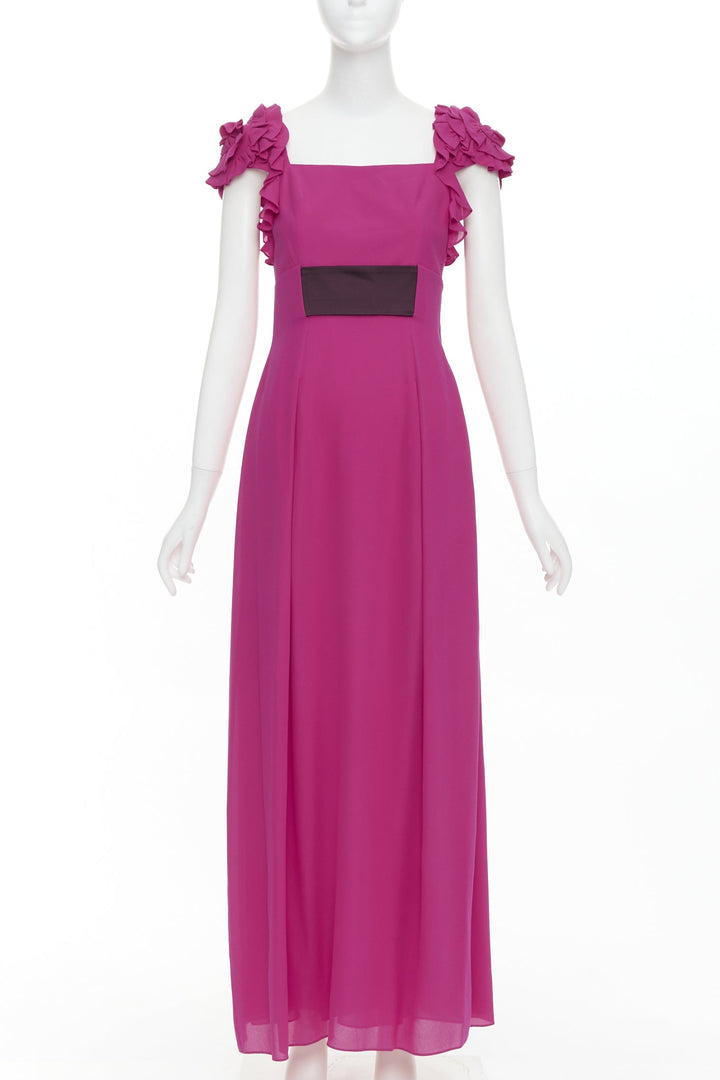ESCADA Vintage fuchsia pink black silk rose applique midi gown FR34 XS