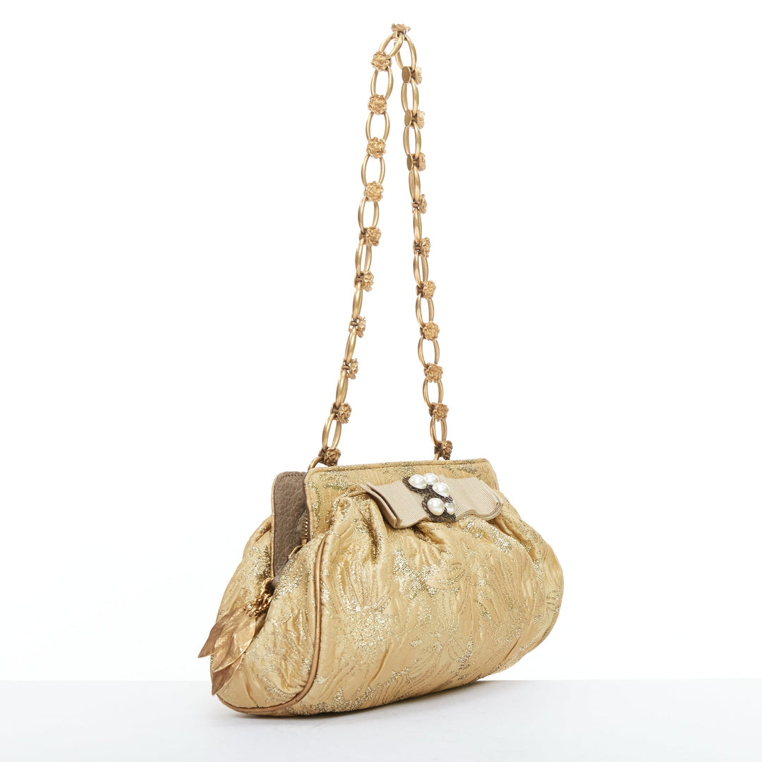 DOLCE GABBANA gold metallic floral jacquard rosette chain shoulder bag