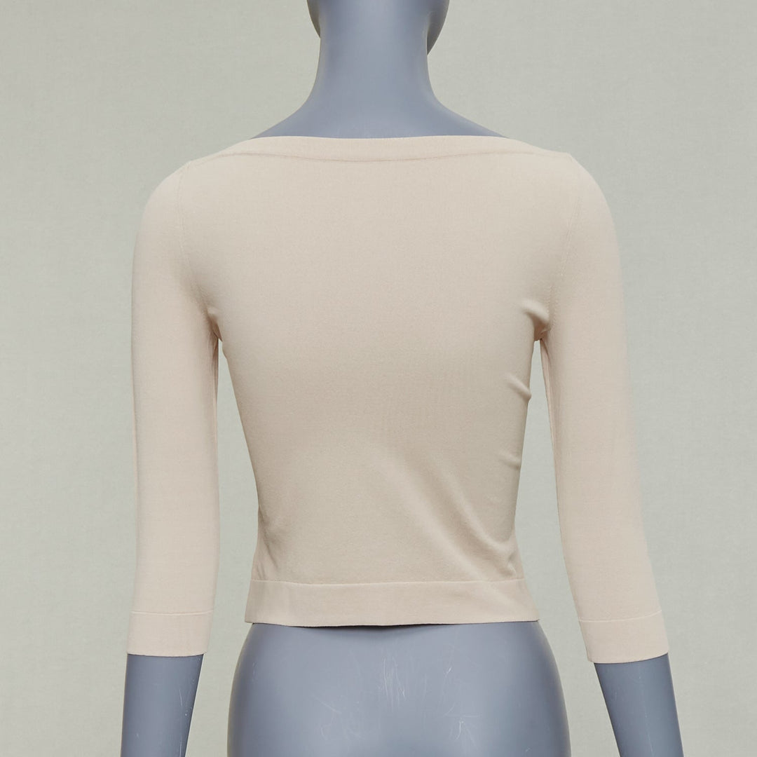 ALAIA light nude viscose blend cropped sleeved bateau neck sweater FR36 S