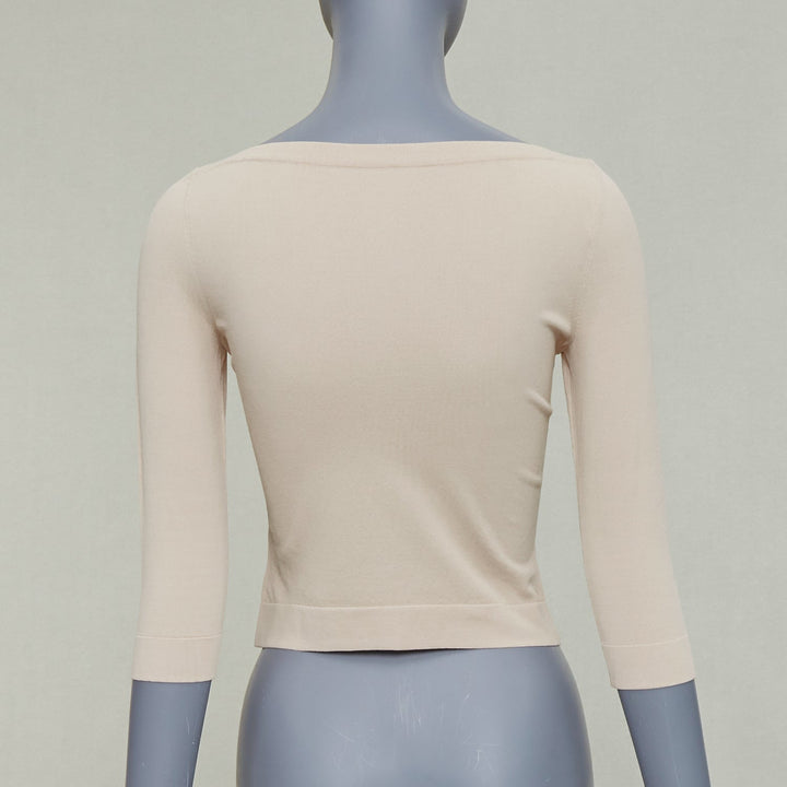 ALAIA light nude viscose blend cropped sleeved bateau neck sweater FR36 S