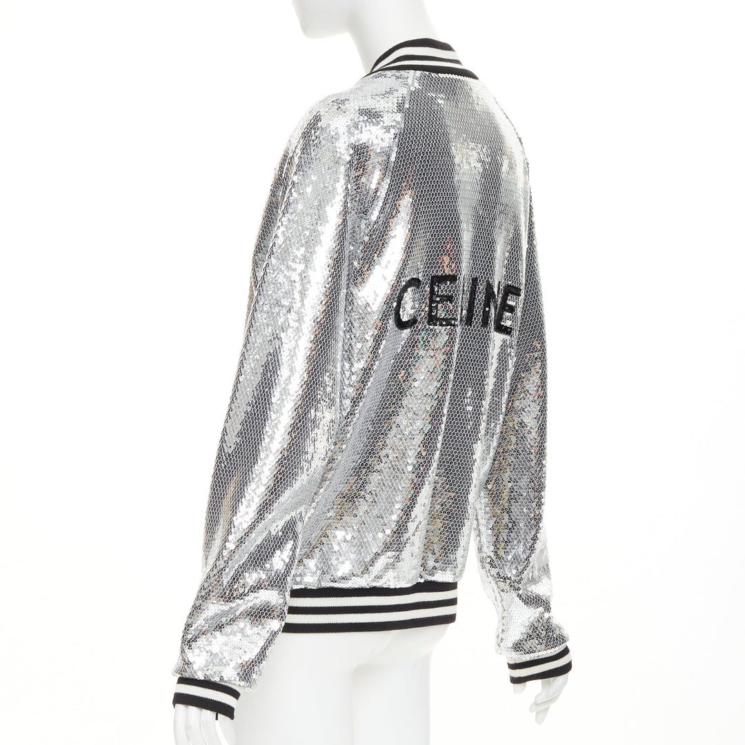 CELINE 2021 Runway silver sequin cotton black white logo teddy bomber jacket XS