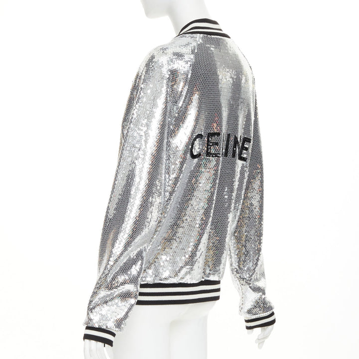 CELINE 2021 Runway silver sequin cotton black white logo teddy bomber jacket XS