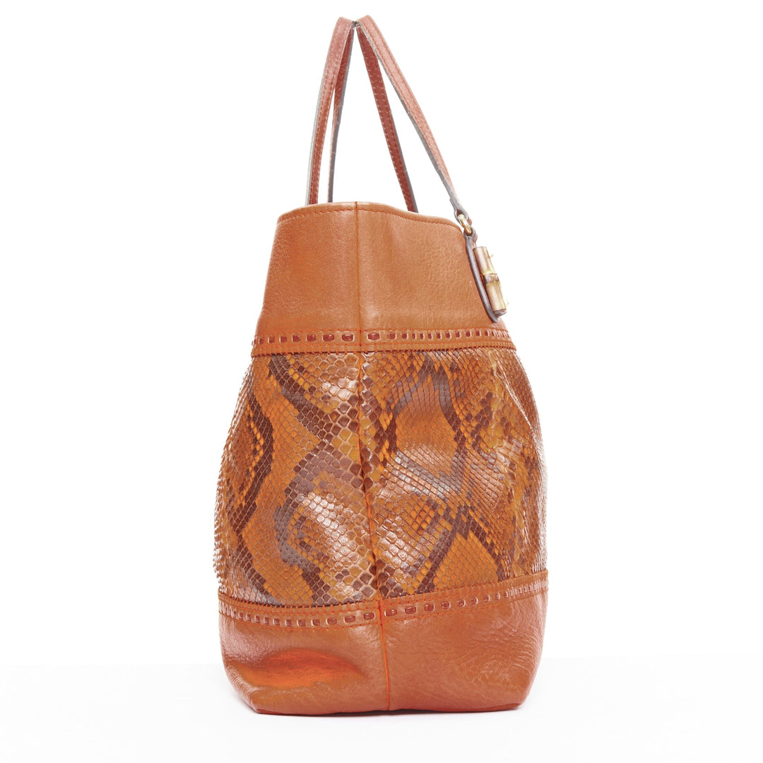 GUCCI Laidback Crafty tan calf leather scaled panel bamboo hardware tote bag