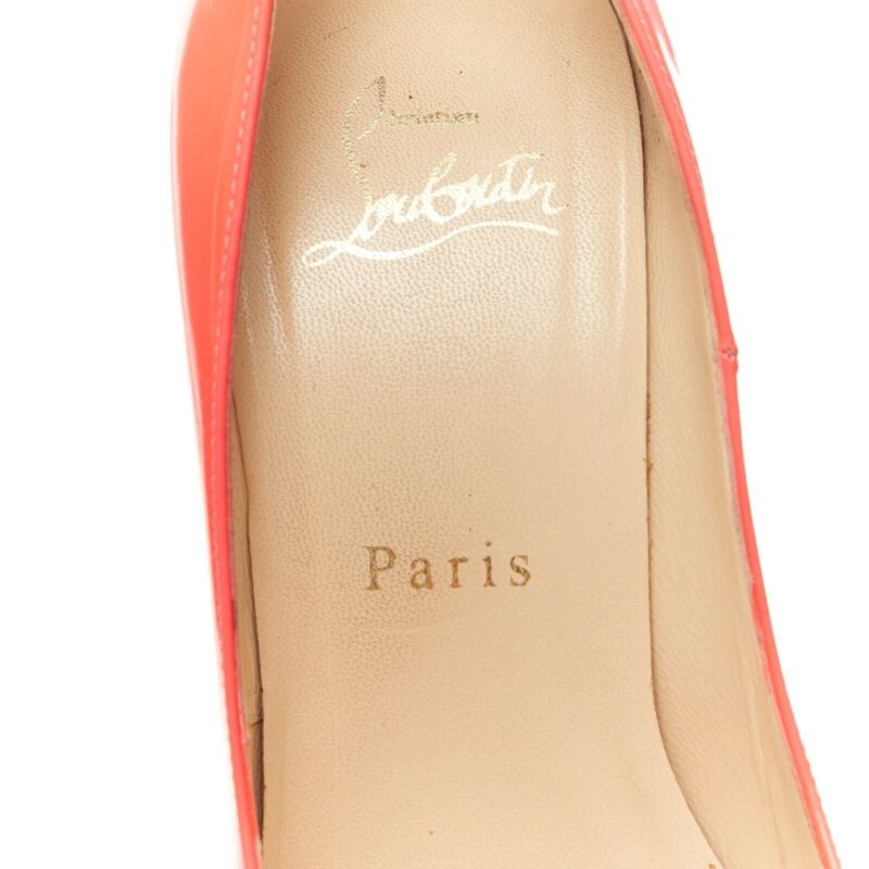 Female mannequin wearing Christian Louboutin Lady Peep 130 Pink Patent Leather Women Heels in Size EU36 | Available at JHROP