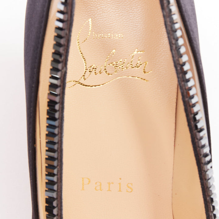 CHRISTIAN LOUBOUTIN Paulina Strass 45 black satin baguette crystal kitten EU37.5
