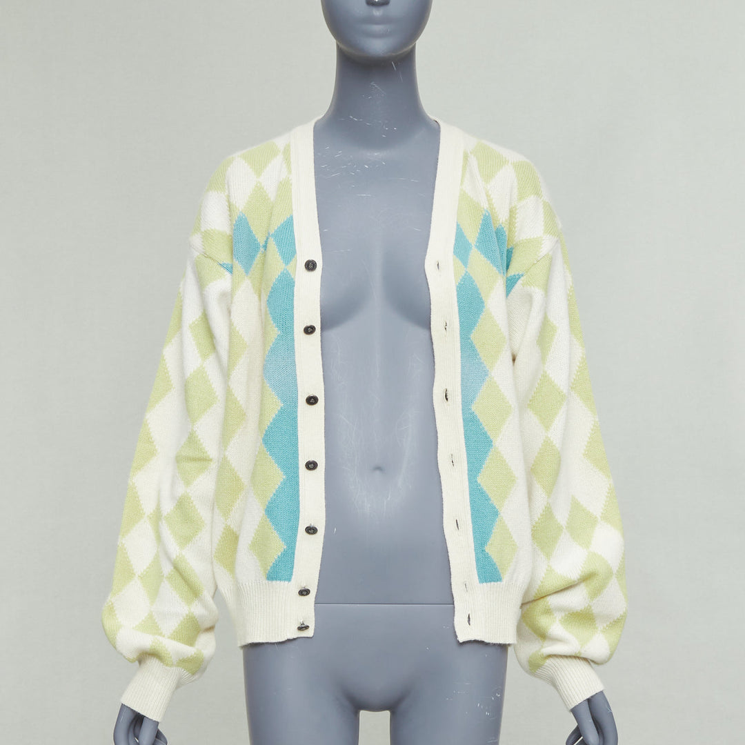 GIANNI VERSACE Vintage yellow green argyle wool cashmere cardigan IT50 L