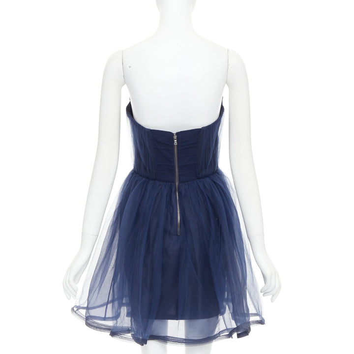 ALICE OLIVIA Landi Gathered navy tulle sheer overlay silk trimmed babydoll dress