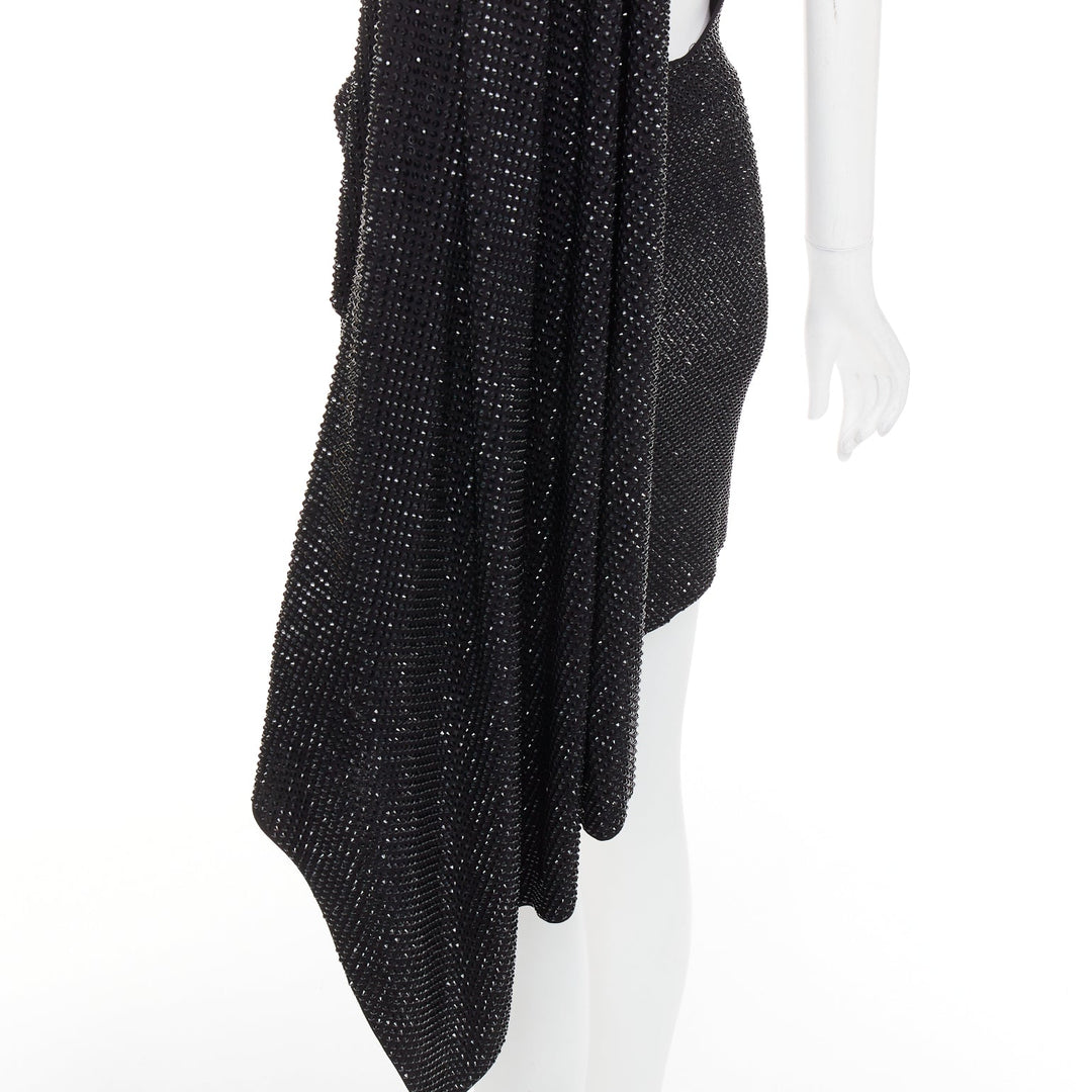 ALEXANDRE VAUTHIER black strass crystal embellished asymmetric draped mini dress